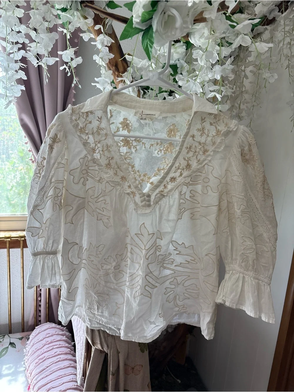 Anthropologie Heirloom Swing Cream Lace-Trim Puff Sleeve Blouse
